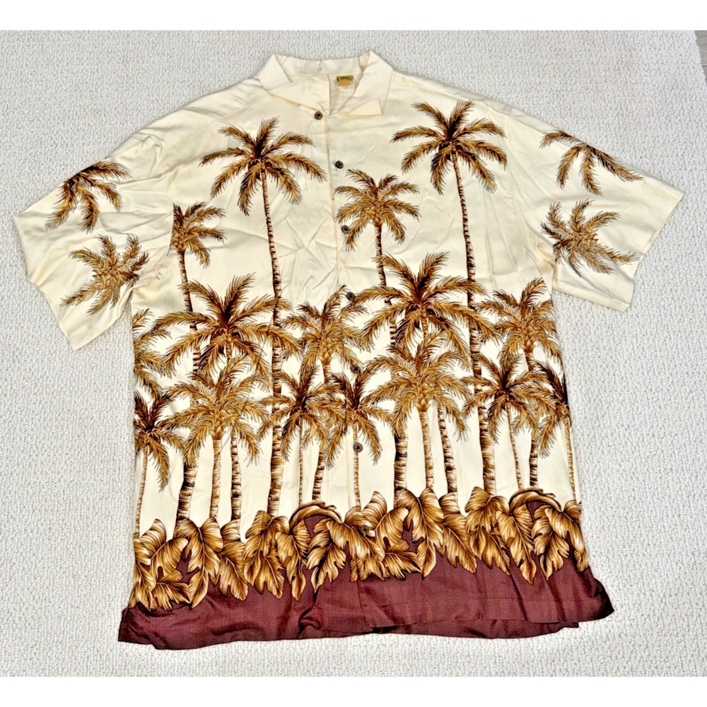 Jos A Bank Mens XL 100% Silk Hawaiian Shirt Palm Tree Border Print Aloha